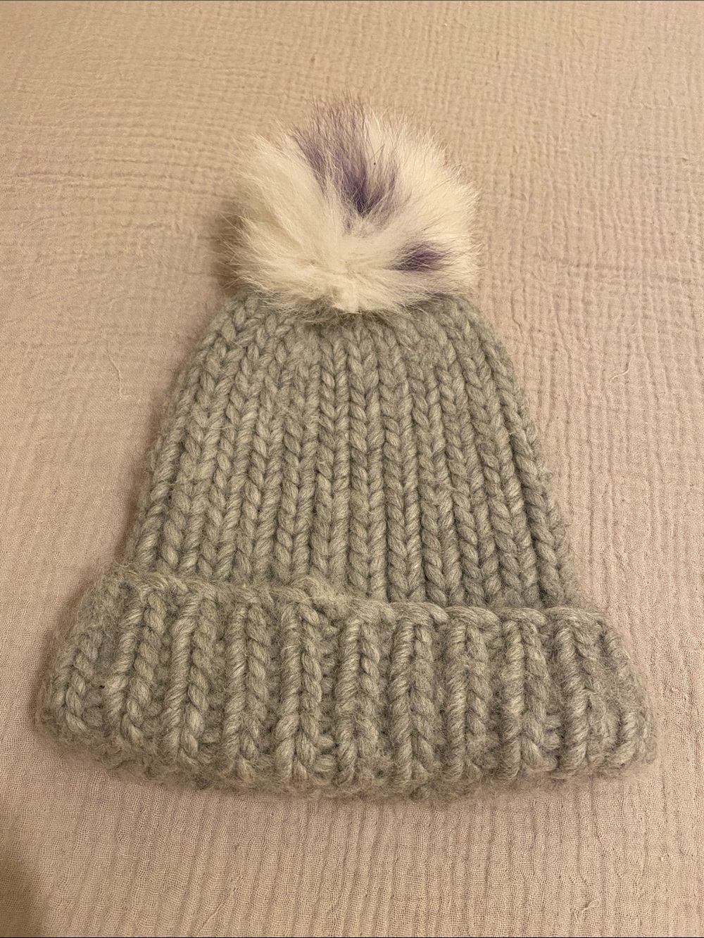 EUGENIA KIM  Gray Knit Pom Beanie Hat - Real  Fur Pom